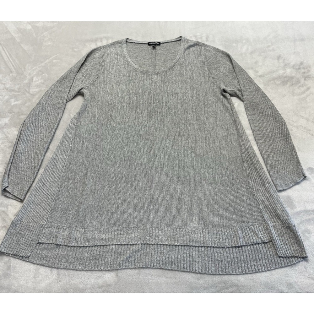 Eileen Fisher Top Women Large Gray knit High Low Scoop Neck Long Sleeve Tunic